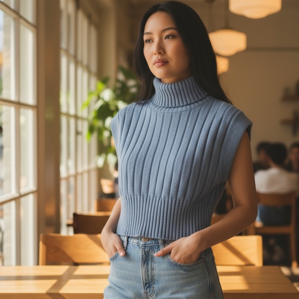 Mimosa Blue Ribbed Turtleneck Sleeveless Sweater